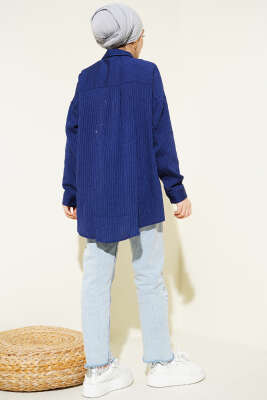 Çizgi Dikişli Pullu Oversize Gömlek Lacivert - Gömlek