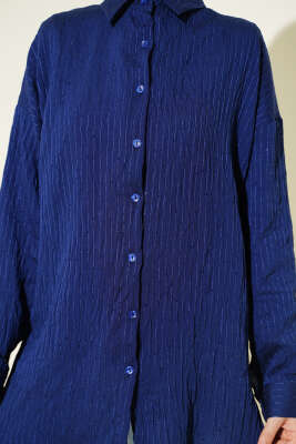 Çizgi Dikişli Pullu Oversize Gömlek Lacivert - Gömlek