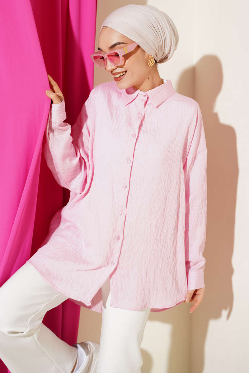 Çizgi Dikişli Pullu Oversize Gömlek Pembe