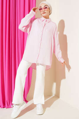 Çizgi Dikişli Pullu Oversize Gömlek Pembe - Gömlek