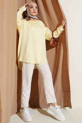 Çizgi Dikişli Pullu Oversize Gömlek Sarı - Gömlek