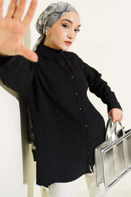 Çizgi Dikişli Pullu Oversize Gömlek Siyah - NEVA MODA