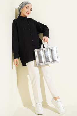 Çizgi Dikişli Pullu Oversize Gömlek Siyah - Gömlek