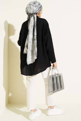 Çizgi Dikişli Pullu Oversize Gömlek Siyah - Gömlek