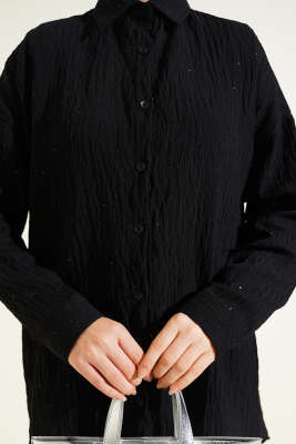 Çizgi Dikişli Pullu Oversize Gömlek Siyah - Gömlek