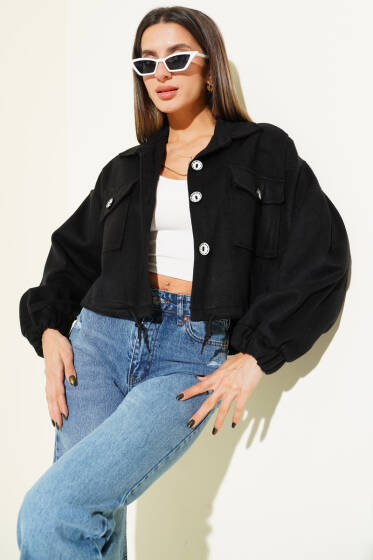 Çizgi Düğme Detaylı Kaşe Ceket Siyah - Kadın Giyim Modelleri