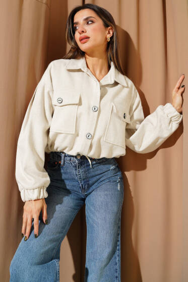 Çizgi Düğme Detaylı Kaşe Ceket Taş - Kadın Giyim Modelleri