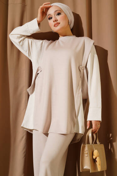 Çizgi Garnili Bisiklet Yaka Loyşa İkili Takım Bej - İkili Takım