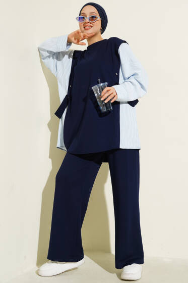 Çizgi Garnili Bisiklet Yaka Loyşa İkili Takım Lacivert - İkili Takım