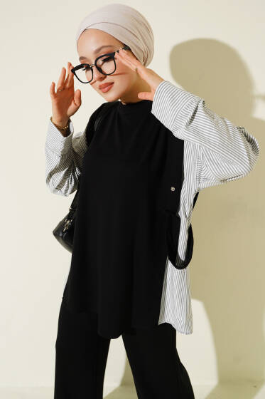 Çizgi Garnili Bisiklet Yaka Loyşa İkili Takım Siyah - İkili Takım