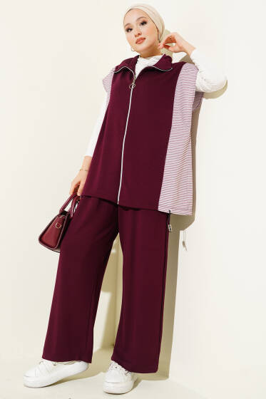 Çizgi Garnili Kolsuz İkili Takım Bordo - İkili Takım