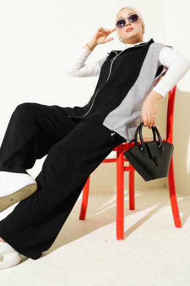 Çizgi Garnili Kolsuz İkili Takım Siyah - İkili Takım