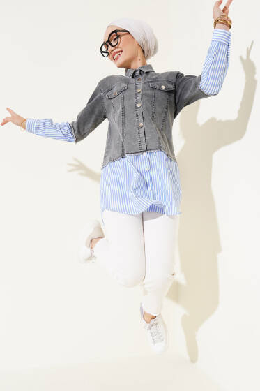 Çizgi Garnili Kot Gömlek Füme - Gömlek