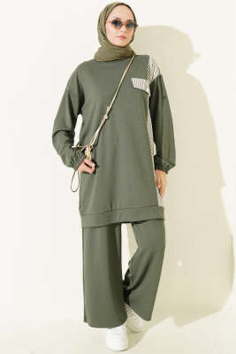 Çizgi Garnili Sahte Cepli İkili Takım Haki - İkili Takım
