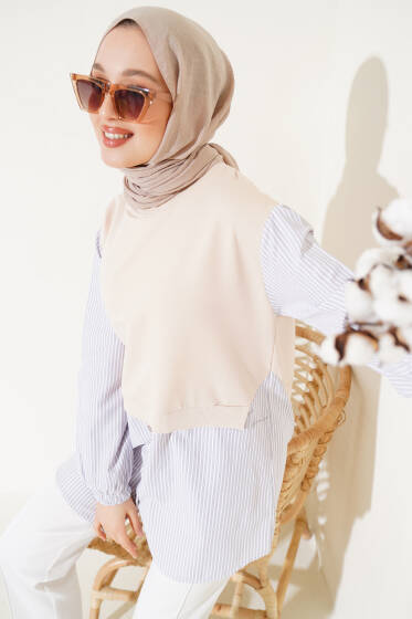 Çizgi Garnili Süveter Detay Tunik Bej - Tunik