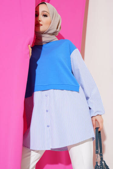 Çizgi Garnili Süveter Detay Tunik Mavi - Tunik