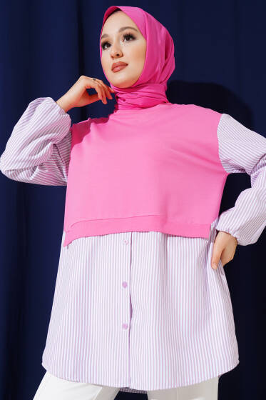 Çizgi Garnili Süveter Detay Tunik Pembe - Tunik