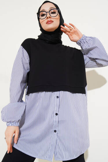 Çizgi Garnili Süveter Detay Tunik Siyah - Tunik