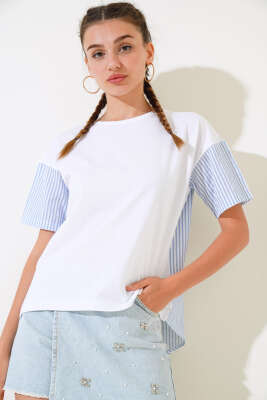 Çizgi Garnili T-shirt Mavi - LUSTRİN
