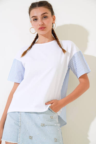 Çizgi Garnili T-shirt Mavi - Yeni Giyim