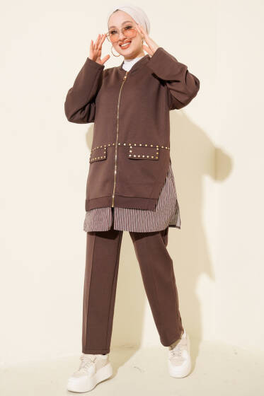 Çizgi Garnili Zımba Detaylı İkili Takım Kahve - İkili Takım