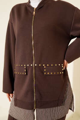 Çizgi Garnili Zımba Detaylı İkili Takım Kahve - İkili Takım