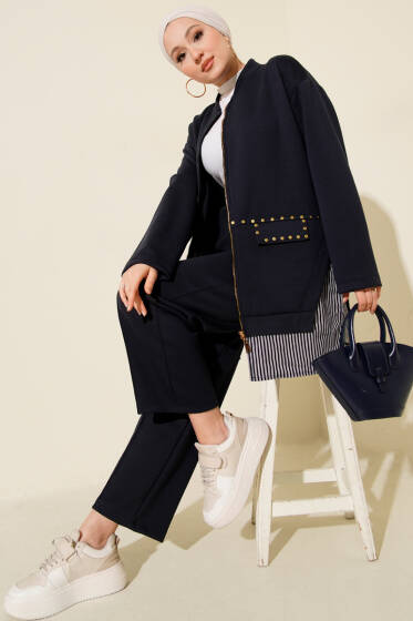 Çizgi Garnili Zımba Detaylı İkili Takım Lacivert - İkili Takım