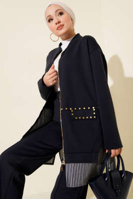 Çizgi Garnili Zımba Detaylı İkili Takım Lacivert - İkili Takım