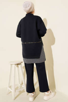 Çizgi Garnili Zımba Detaylı İkili Takım Lacivert - İkili Takım