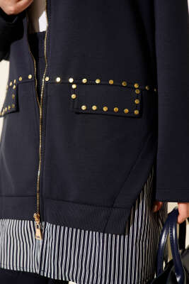 Çizgi Garnili Zımba Detaylı İkili Takım Lacivert - İkili Takım