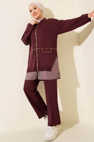 Çizgi Garnili Zımba Detaylı İkili Takım Mürdüm - İkili Takım