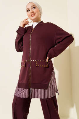 Çizgi Garnili Zımba Detaylı İkili Takım Mürdüm - İkili Takım