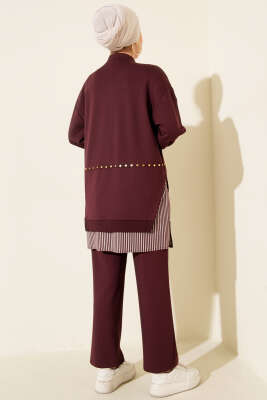 Çizgi Garnili Zımba Detaylı İkili Takım Mürdüm - İkili Takım