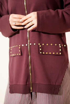 Çizgi Garnili Zımba Detaylı İkili Takım Mürdüm - İkili Takım