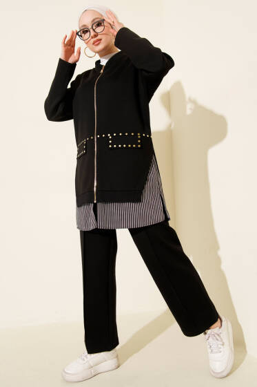 Çizgi Garnili Zımba Detaylı İkili Takım Siyah - İkili Takım