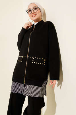 Çizgi Garnili Zımba Detaylı İkili Takım Siyah - İkili Takım