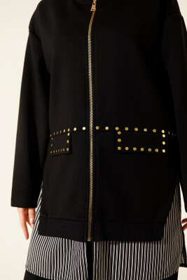 Çizgi Garnili Zımba Detaylı İkili Takım Siyah - İkili Takım