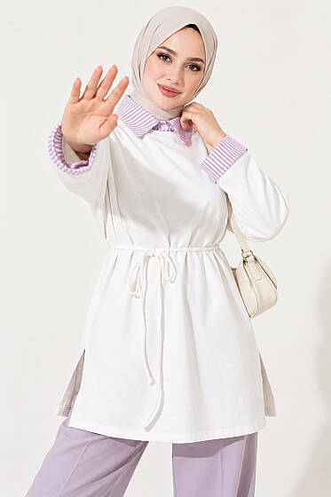 Çizgi Gömlek Garnili Basic Tunik Ekru - Tunik