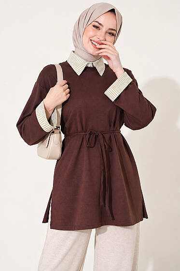 Çizgi Gömlek Garnili Basic Tunik Kahve - Tunik