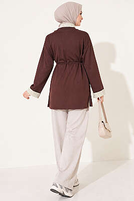Çizgi Gömlek Garnili Basic Tunik Kahve - Tunik