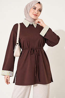 Çizgi Gömlek Garnili Basic Tunik Kahve - Tunik