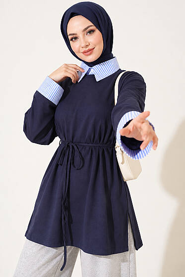 Çizgi Gömlek Garnili Basic Tunik Lacivert - Tunik