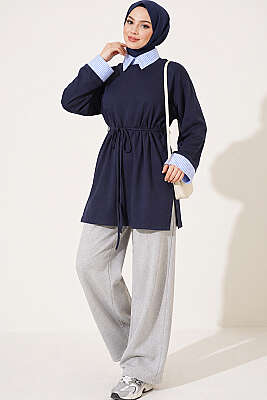 Çizgi Gömlek Garnili Basic Tunik Lacivert - Tunik