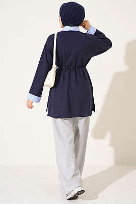 Çizgi Gömlek Garnili Basic Tunik Lacivert - Tunik