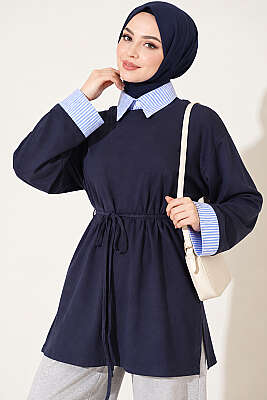 Çizgi Gömlek Garnili Basic Tunik Lacivert - Tunik