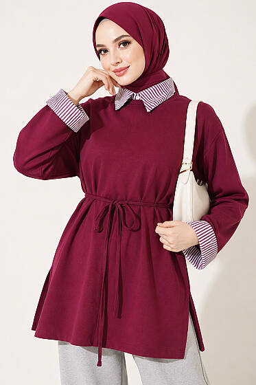 Çizgi Gömlek Garnili Basic Tunik Mürdüm - Tunik