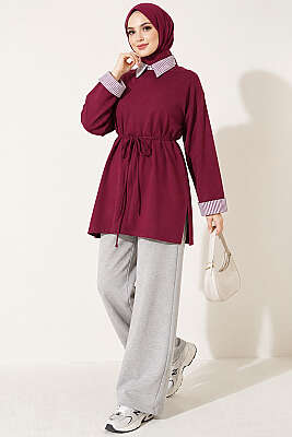 Çizgi Gömlek Garnili Basic Tunik Mürdüm - Tunik