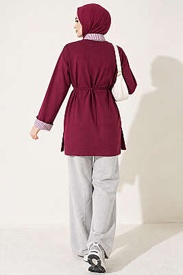 Çizgi Gömlek Garnili Basic Tunik Mürdüm - Tunik