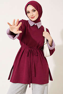 Çizgi Gömlek Garnili Basic Tunik Mürdüm - Tunik