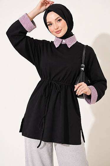 Çizgi Gömlek Garnili Basic Tunik Siyah - Tunik